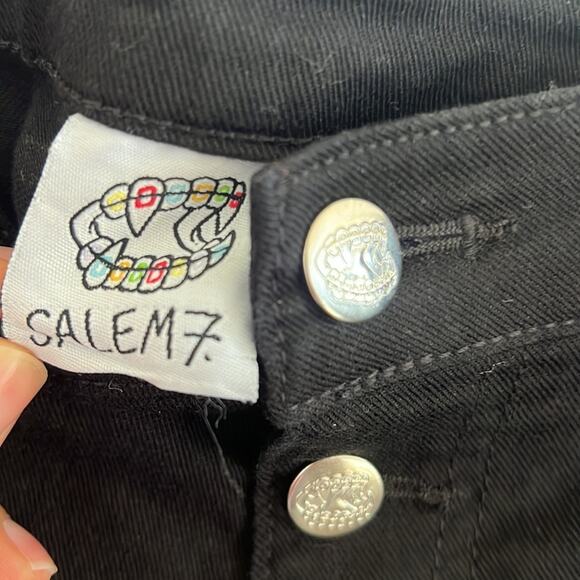 Salem7 Skeleton Black Denim Jeans Black Stretch Rhinestone Exposed Fly 34 - Picture 5 of 10